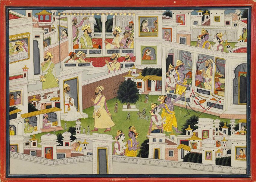 Krishna und Balarama in Mathura bei Kansa, Zerbrechen des Bogens, Indien ca.1800