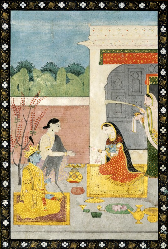 Krishna, Satyabhama und Narada mit dem Parijata Baum whrend der Initiation zum Punyaka Gelbde, ca.1810, India, Kangra