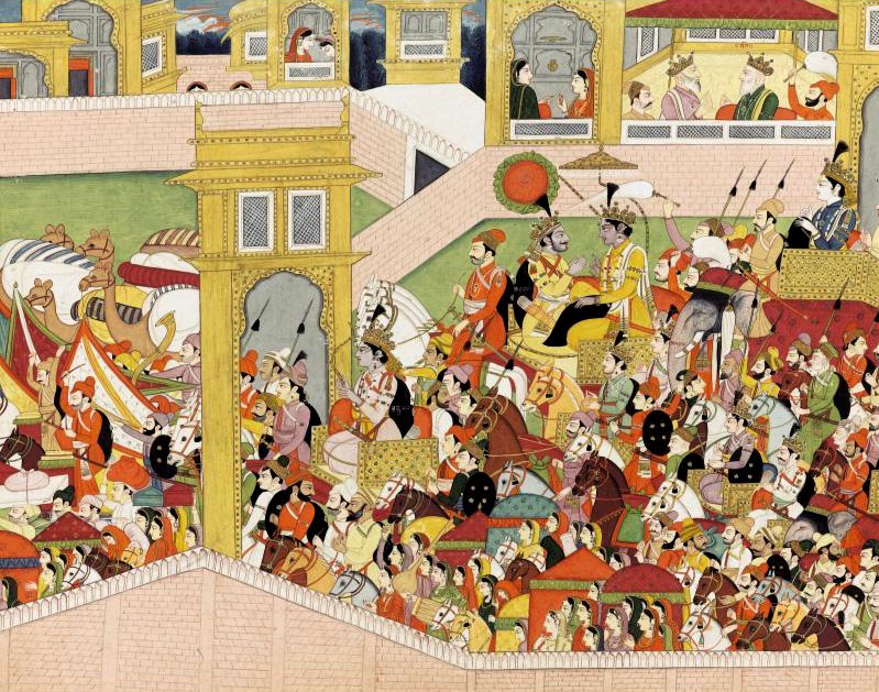 Krishna und die führenden Yadavas verlassen Dwaraka und lassen Ugrasena und Vasudeva zurück, ca.1820, India, Kangra Krishna und die führenden Yadavas verlassen Dwaraka und lassen Ugrasena und Vasudeva zurück, ca.1820, India, Kangra
