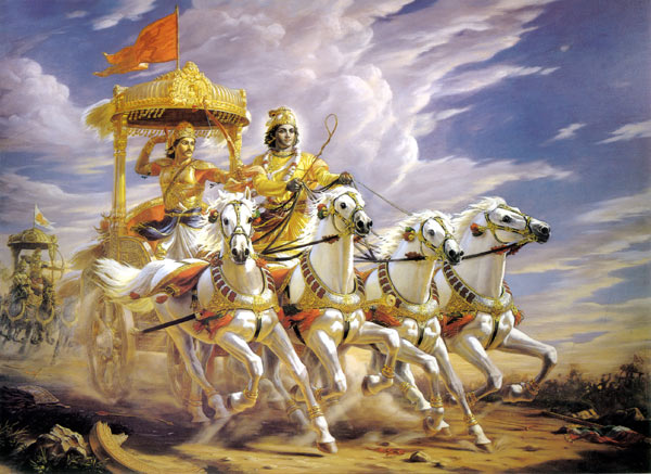 Krishna und Arjuna auf einem Wagen