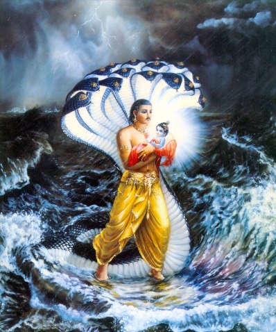 Vasudeva mit Krishna auf dem Weg nach Gokula. Vasudeva mit Krishna auf dem Weg nach Gokula.