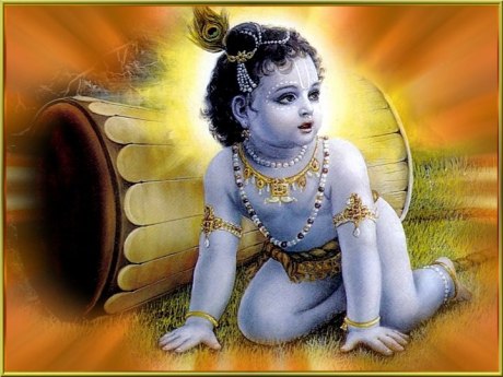 Krishna zieht den Holzmrser hinter sich her.